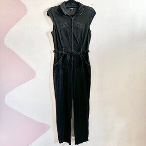 Paige Jett Utility Black Denim Jumpsuit Cap Sleeve Belt Zip-Up Women’s Size 2